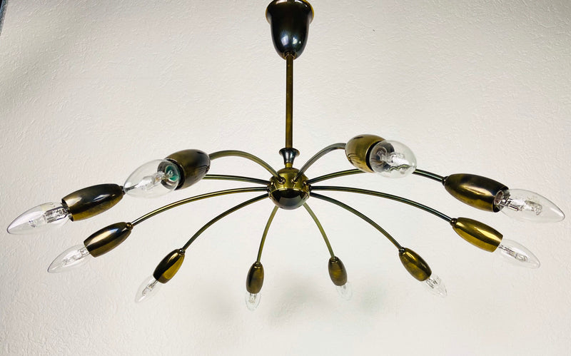 Italian Midcentury Brass 10-Arm Sputnik Chandelier Arredoluce Attributed, 1950s