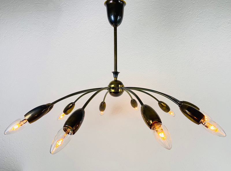 Italian Midcentury Brass 10-Arm Sputnik Chandelier Arredoluce Attributed, 1950s