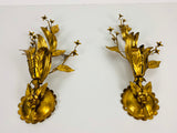 Set of 2 Golden Florentine Flower Shape Wall Lamps by Banci, Italy, 1970s