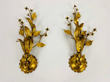 Set of 2 Golden Florentine Flower Shape Wall Lamps by Banci, Italy, 1970s