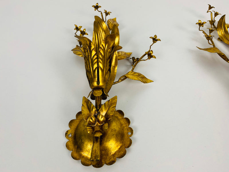 Set of 2 Golden Florentine Flower Shape Wall Lamps by Banci, Italy, 1970s