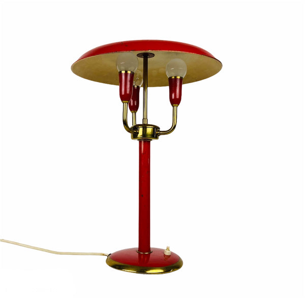 Italian Red Table Lamp with 3 Arms attributed to Stilnovo, 1960s